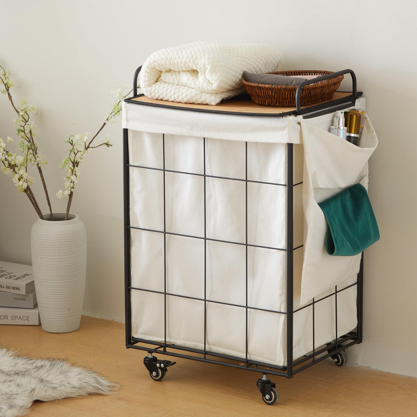 Laundry Hamper with Natural Bamboo Lid, 120L Laundry Basket with Heavy Duty Rolling Wheels, Dirty Clothes Hamper with Removable Liner Bag and Side Pocket, Laundry Sorter with Metal Handle