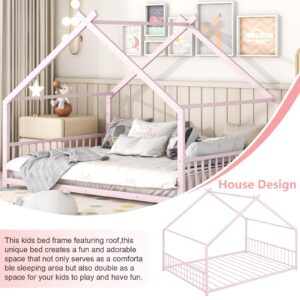 ODUWA Full Size House Bed for Kids,Metal House Platform Bed with Guardrail,Montessori Floor Bed Frame with Roof,Full Bed Frames for Kids,Toddlers,Girls,Boys