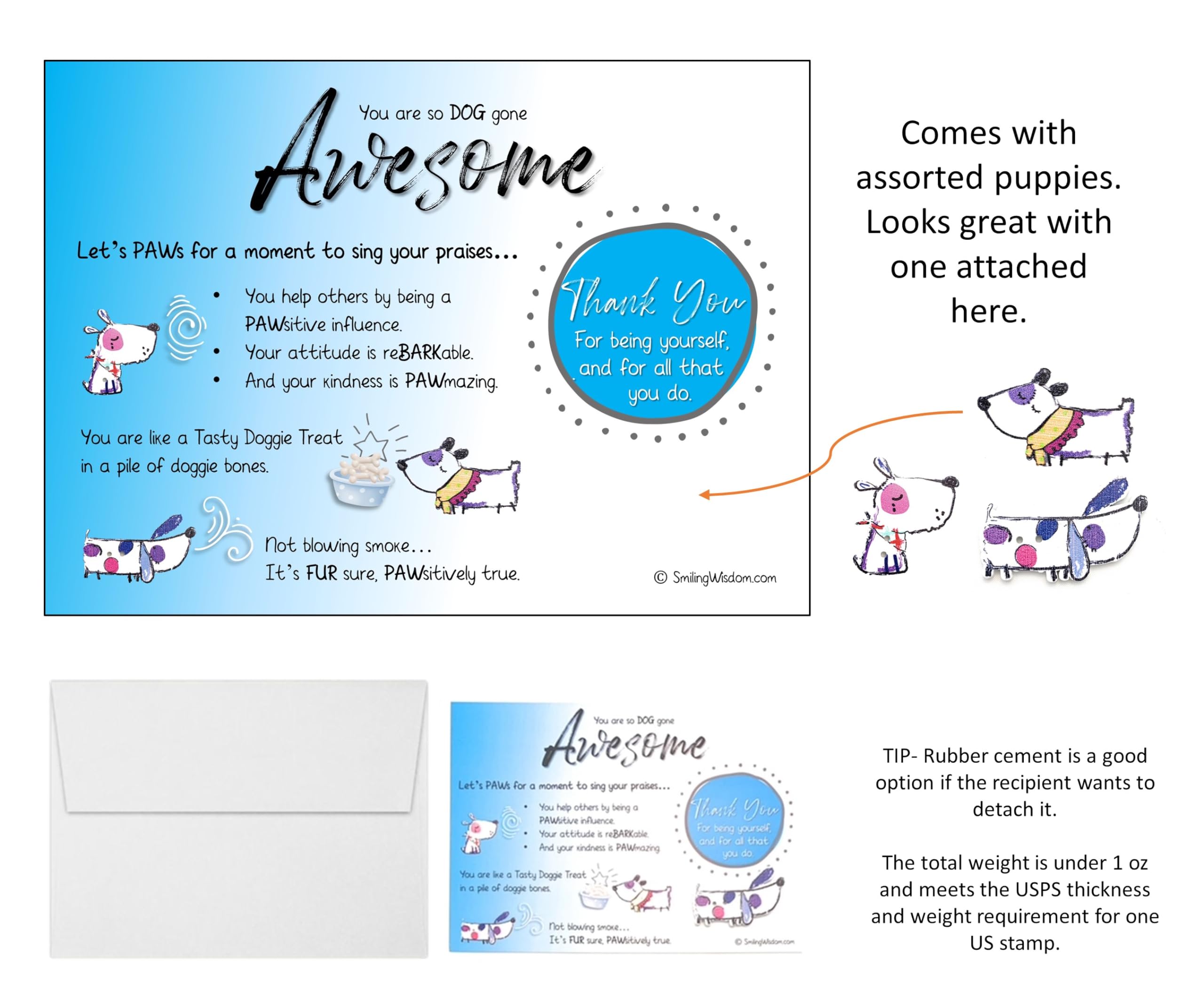 Smiling Wisdom - Bulk 40 Gift Sets - 4 Different Sets of 10 - Quarterly Gifts - Encouraging Praising Employee Volunteer Student Appreciation Cards Envelopes - 120 Pcs - Storm Puppy Warrior Light