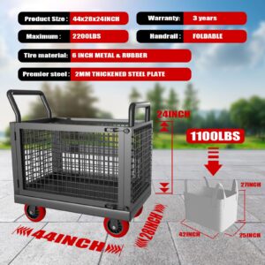 Lomive 5IN1 Heavy Duty Platform Truck Cart, 44"×28" Flatbed Cart 2200lbs Capacity Push Dolly with Swivel Wheels, 2 Pairs Work Gloves & 1 Bulk Bag Included