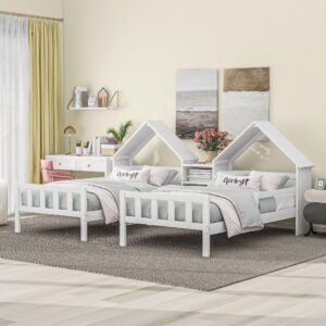 flieks double twin size platform bed with house-shaped headboard and a built-in nightstand, white