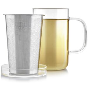 Teabloom Premium Borosilicate Glass Mug with Stainless Steel Loose Leaf Tea Infuser and Lid/Dish - 12 Ounces (350 mL)