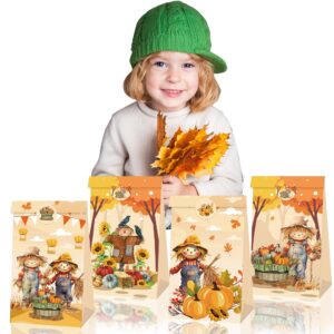 Konsait 12 Pack Fall Gift Bags Thanksgiving Treat Bags, Scarecrow Theme Fall Goodie Bags, Pumpkin Sunflowers Harvest Fall Party Favors Bags, Kraft Thanksgiving Paper Bags Thanksgiving Gift Bags