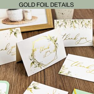 REGAL DECORATIONS Luxury 100 Pack Thank You Cards with Envelopes Bulk, Sage Green And Gold Foil Stamped -5x3.5 Inches. Ideal For Wedding, Blank Thank You Notes, Baby Shower Thank You Cards, Bridal Shower, Small Business, Graduation, Kids, Sympathy