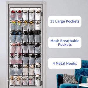 SAVERHO 35 Pockets Over the Door Shoe Organizer, Hanging Shoe Organizer for Door with 35 Mesh Pockets Large Capacity Shoe Hanging Storage Bag with 4 Metal Hooks (White-1Pack)