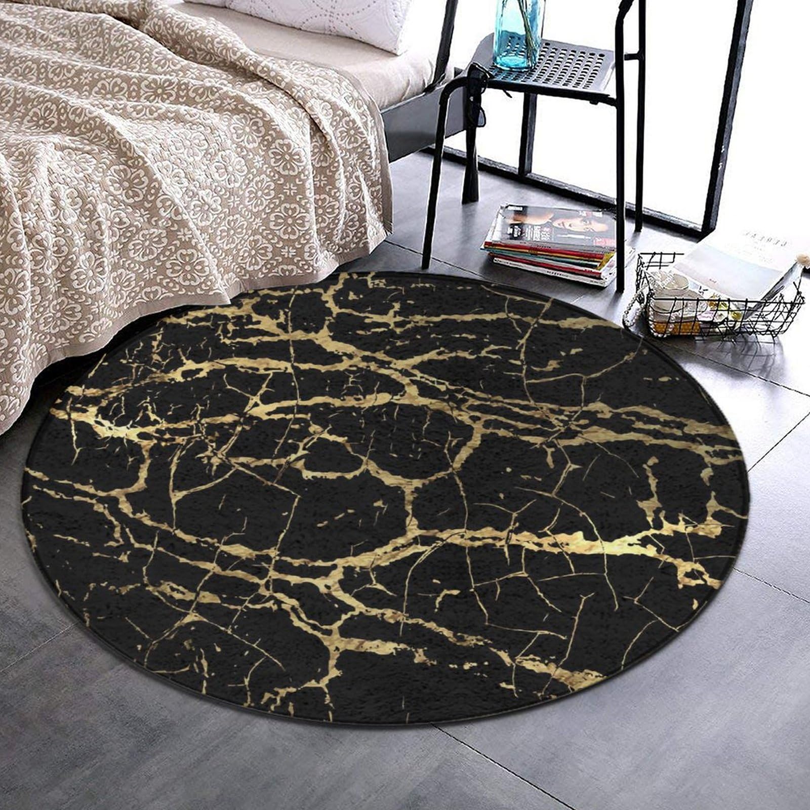 Meaudiwes Soft Round Rug Classic Indoor Floor Mat, Washable & Stain Resistant Area Rug for Bathroom, Dining Room, Hallway, Gold Marble Black