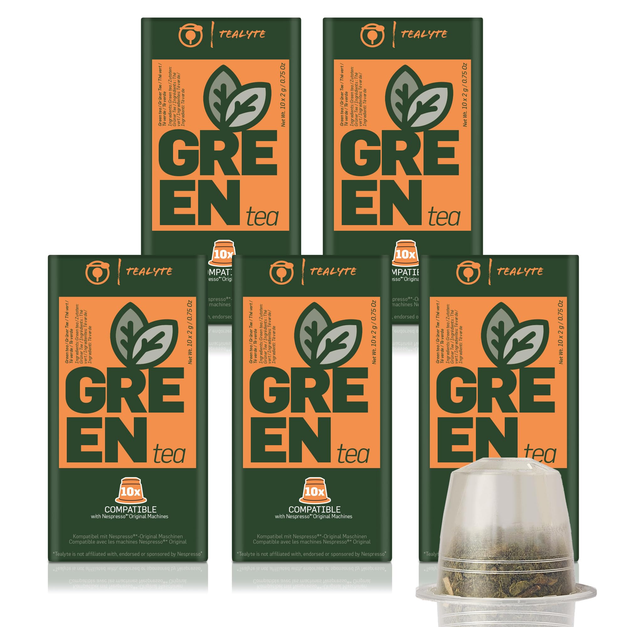 TEALYTE 50 Green Tea Pods I Nespresso compatible Tea Pods - I Compatible with Original Line Nespresso Machines I 5 packs