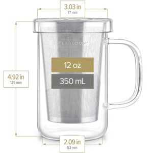 Teabloom Premium Borosilicate Glass Mug with Stainless Steel Loose Leaf Tea Infuser and Lid/Dish - 12 Ounces (350 mL)