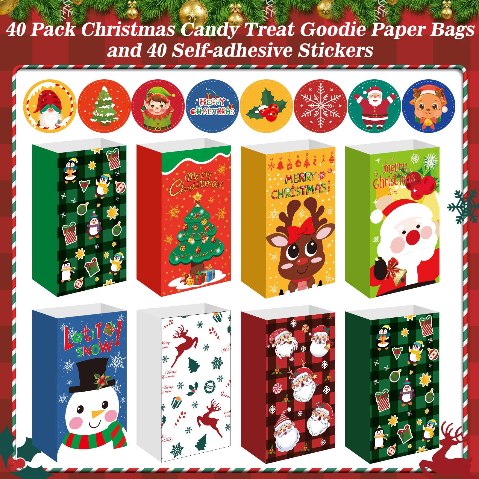 FEBSNOW Christmas Gift Bags 40Pack Christmas Goody bags with Stickers,Christmas Candy Treat Bags for Kids Xmas Cookies Goodies Wrapping Bags Craft Paper Bags for Christmas Party Favors Supplies