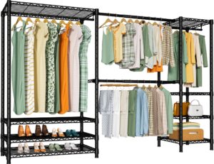 ulif e11 heavy-duty garment rack, metal freestanding clothes rack and closet storage organizer system with 8 shelves and 4 hanger rods, (73.2 - 97.6)"w x 14.5"d x 71.2"h, load 962 lbs, black