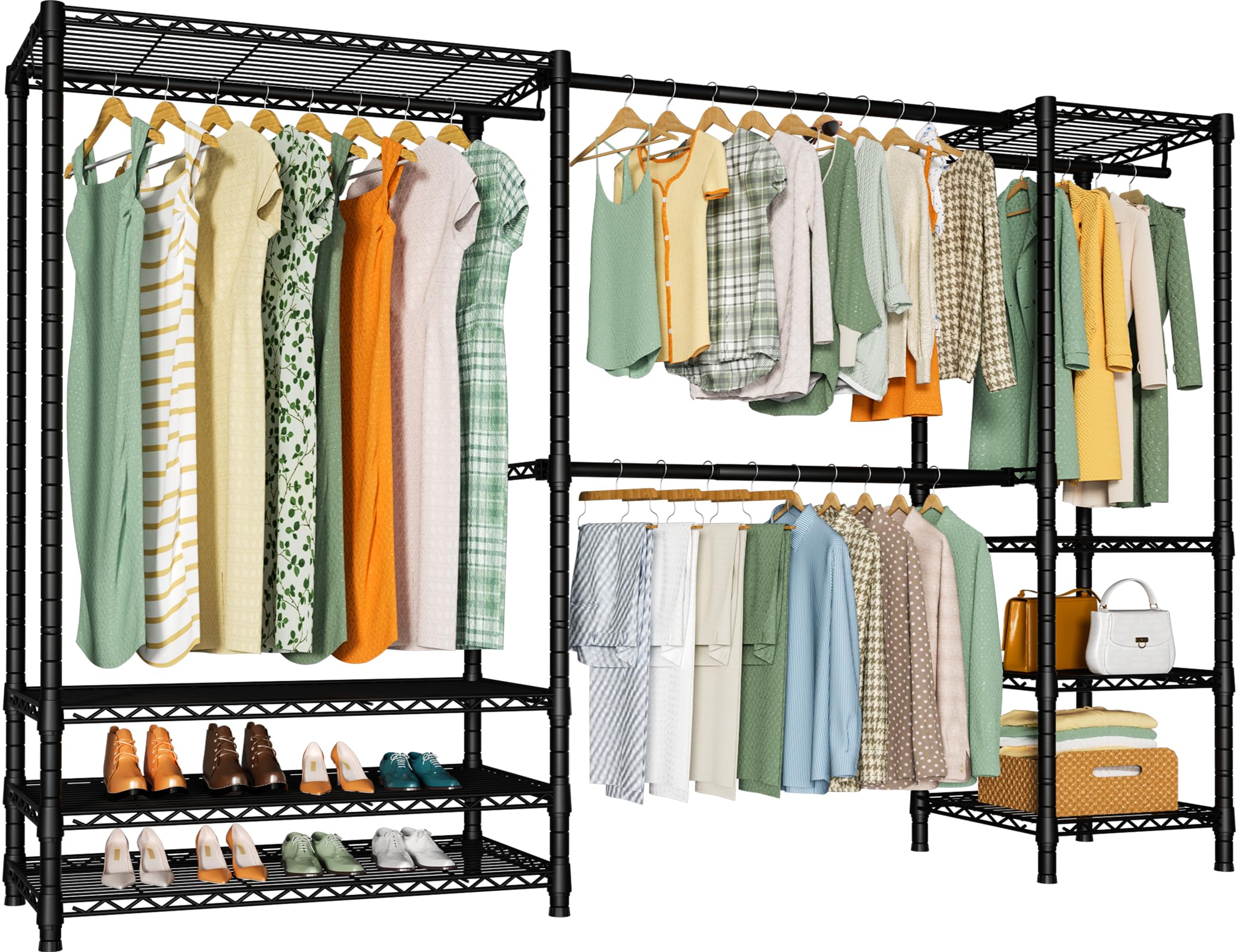 Ulif E11 Heavy-Duty Garment Rack, Metal Freestanding Clothes Rack and Closet Storage Organizer System with 8 Shelves and 4 Hanger Rods, (73.2 - 97.6)"W x 14.5"D x 71.2"H, Load 962 LBS, Black