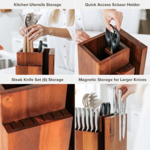 KitchenEdge Acacia Magnetic Knife Block and Cooking Utensil Holder, Sleek Storage for Chefs Knives, Steak Knives, Spatulas, Scissors, Non-Slip Rubber Feet, Easy to Clean, Kitchen Countertop Organizer