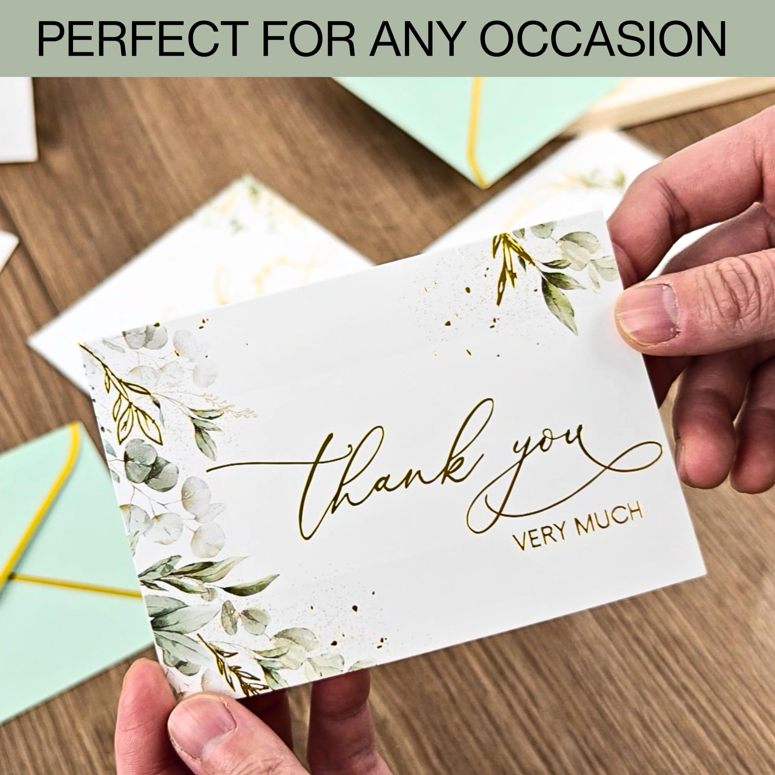 REGAL DECORATIONS Luxury 100 Pack Thank You Cards with Envelopes Bulk, Sage Green And Gold Foil Stamped -5x3.5 Inches. Ideal For Wedding, Blank Thank You Notes, Baby Shower Thank You Cards, Bridal Shower, Small Business, Graduation, Kids, Sympathy