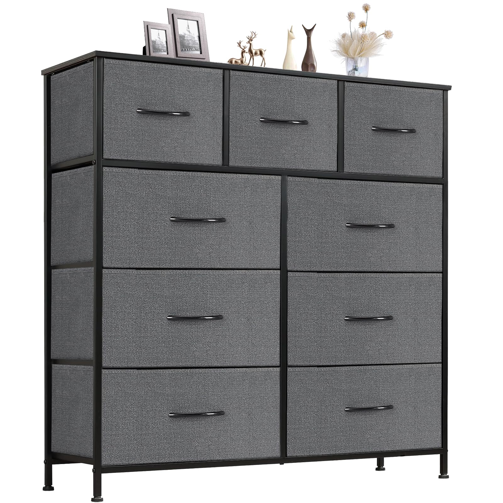 Sweetcrispy 9 Drawers Dresser for Bedroom, Kidsroom Furniture, Tall Chest Tower, Storage Organizer Units for Clothing, Closet, Fabric Bins, Wood Top, Steel Frame, Lightweight, Assemble Tools Include