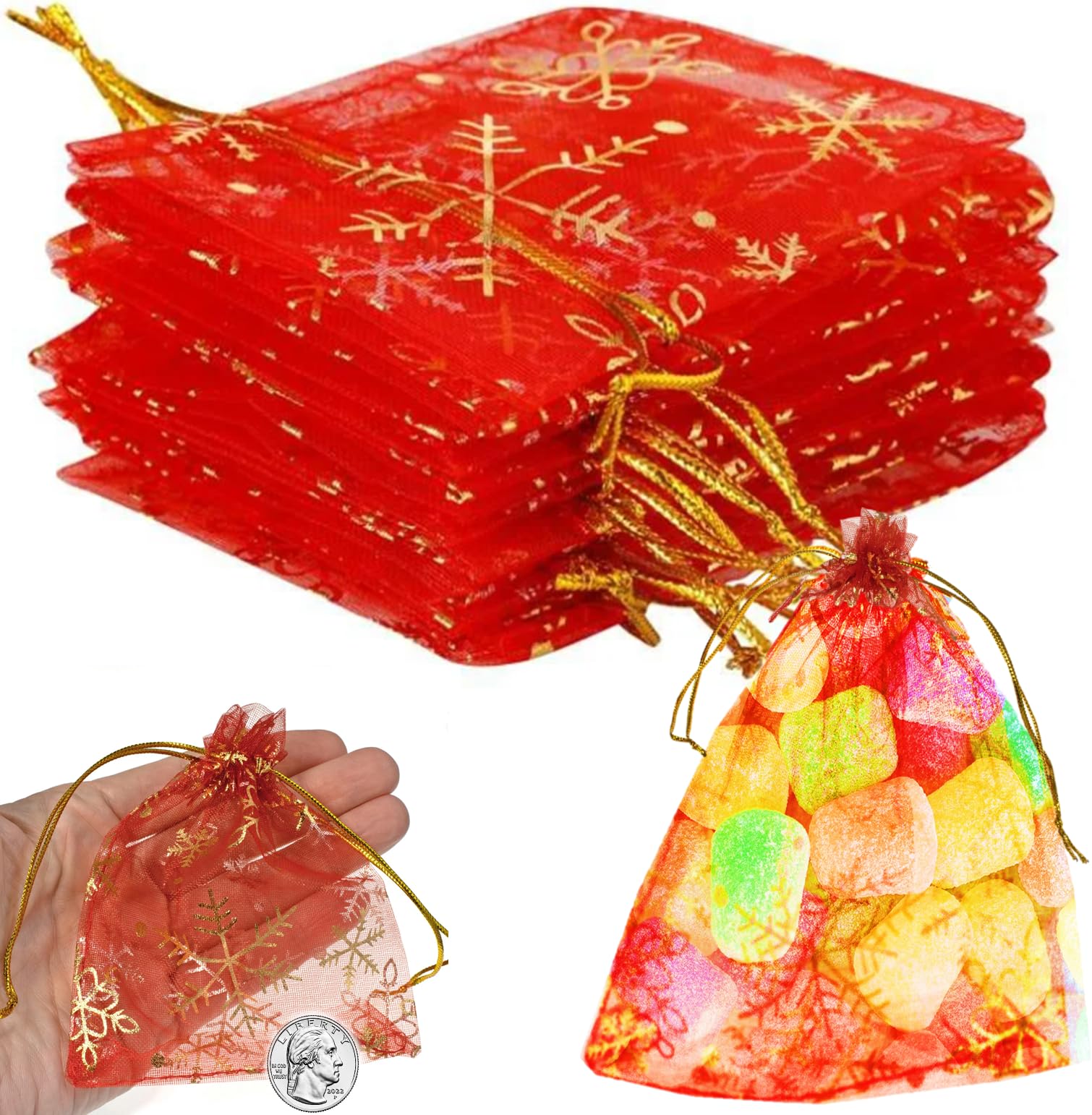 TEXASDELUXE Red Gold Snowflake Small Organza Bags with Drawstring 2x3 40 pack Tiny Small Drawstring Bags 2x3 for Party Wedding Goodies Candies & Jewelry Small Mesh Bags Drawstring 2x3