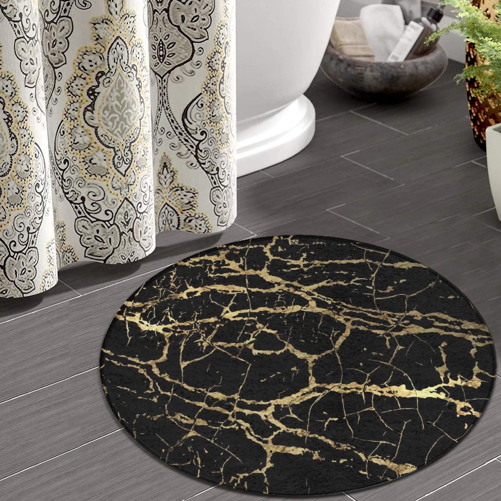 Meaudiwes Soft Round Rug Classic Indoor Floor Mat, Washable & Stain Resistant Area Rug for Bathroom, Dining Room, Hallway, Gold Marble Black