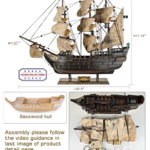 SAILINGSTORY Wooden Pirate Ship Model Black Pearl Model Ship Sailboat Decor Sea Chart Sails 20.5"