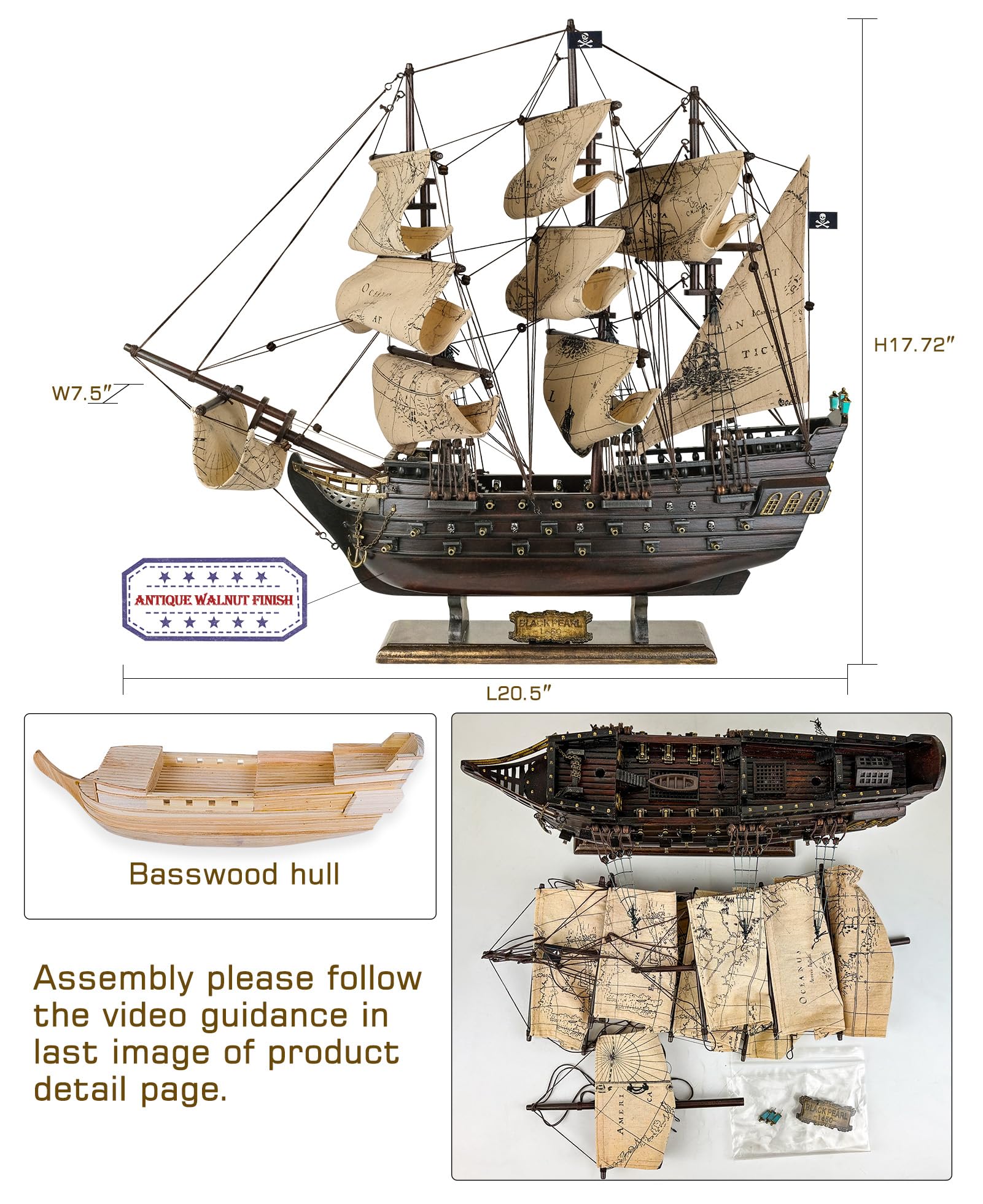 SAILINGSTORY Wooden Pirate Ship Model Black Pearl Model Ship Sailboat Decor Sea Chart Sails 20.5"