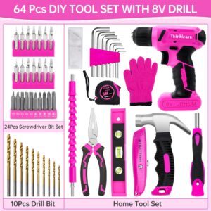 64PCS Pink Tool Set with Cordless Drill, 8V Power Drill and Pink Tool Kit for Women, 3/8"Keyless Chuck Electric Screwdriver Driver Kit for Home DIY and Repair, USB Charger and Storage Box Included