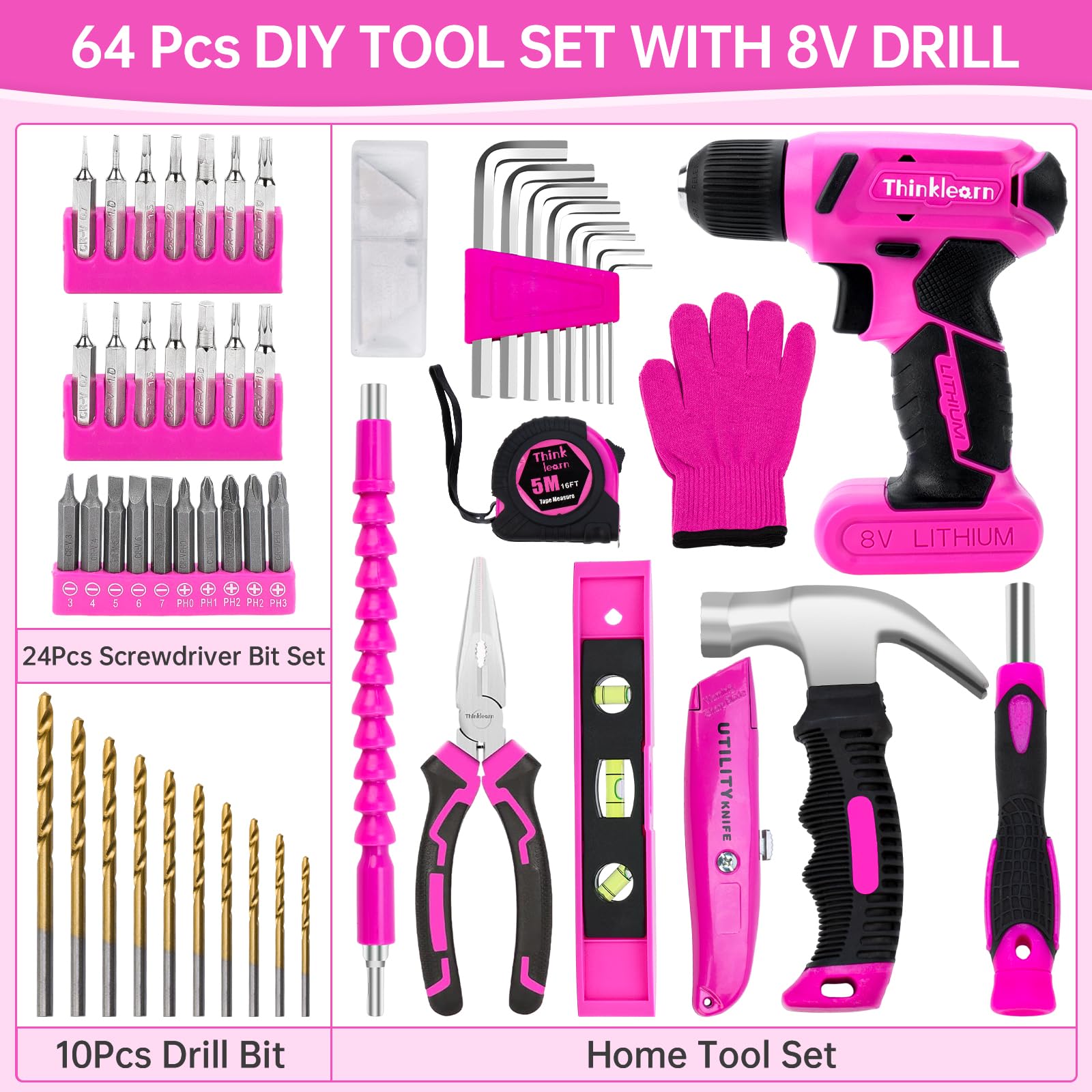 64PCS Pink Tool Set with Cordless Drill, 8V Power Drill and Pink Tool Kit for Women, 3/8"Keyless Chuck Electric Screwdriver Driver Kit for Home DIY and Repair, USB Charger and Storage Box Included