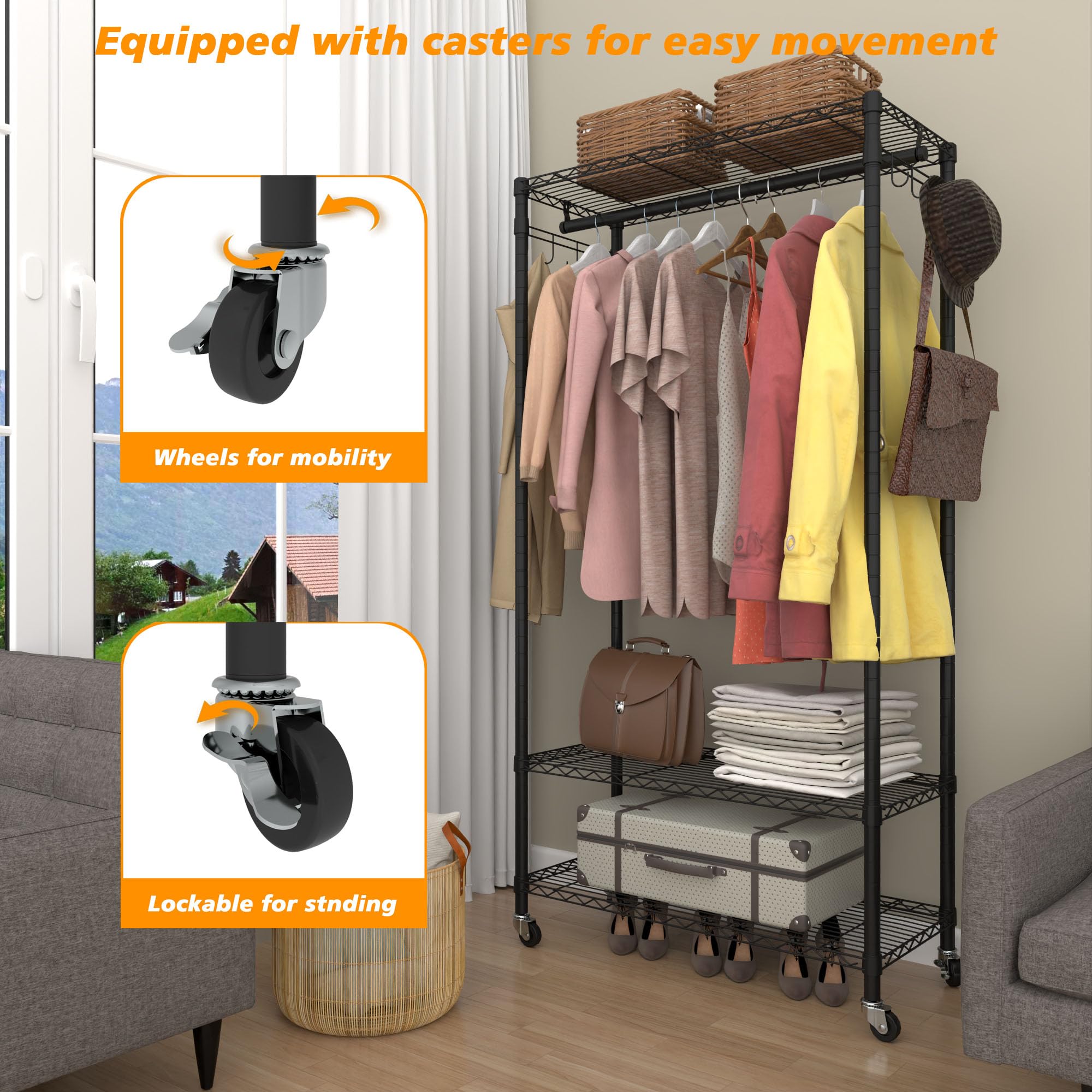 Serxis Rolling Portable Garment Rack,Freestanding Clothes Racks, Portable Closet Wardrobe with 3 Adjustable Wire shelves,2 Side Hooks, Black