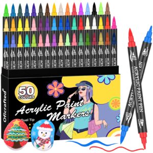 oficrafted acrylic paint pens, 50 colors dual tip markers with fine and brush tip, premium marking pens set for rock, wood, plastic, fabric painting and diy crafts