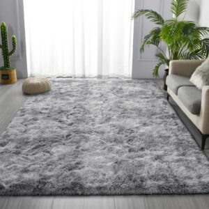 Deerhoo Large Shag Area Rugs 6 x 9, Tie-Dyed Plush Fuzzy Rugs for Living Room, Ultra Soft Fluffy Furry Rugs for Bedroom, Indoor Carpet Nursery Rugs for Kids Room Home Decor, Light Grey