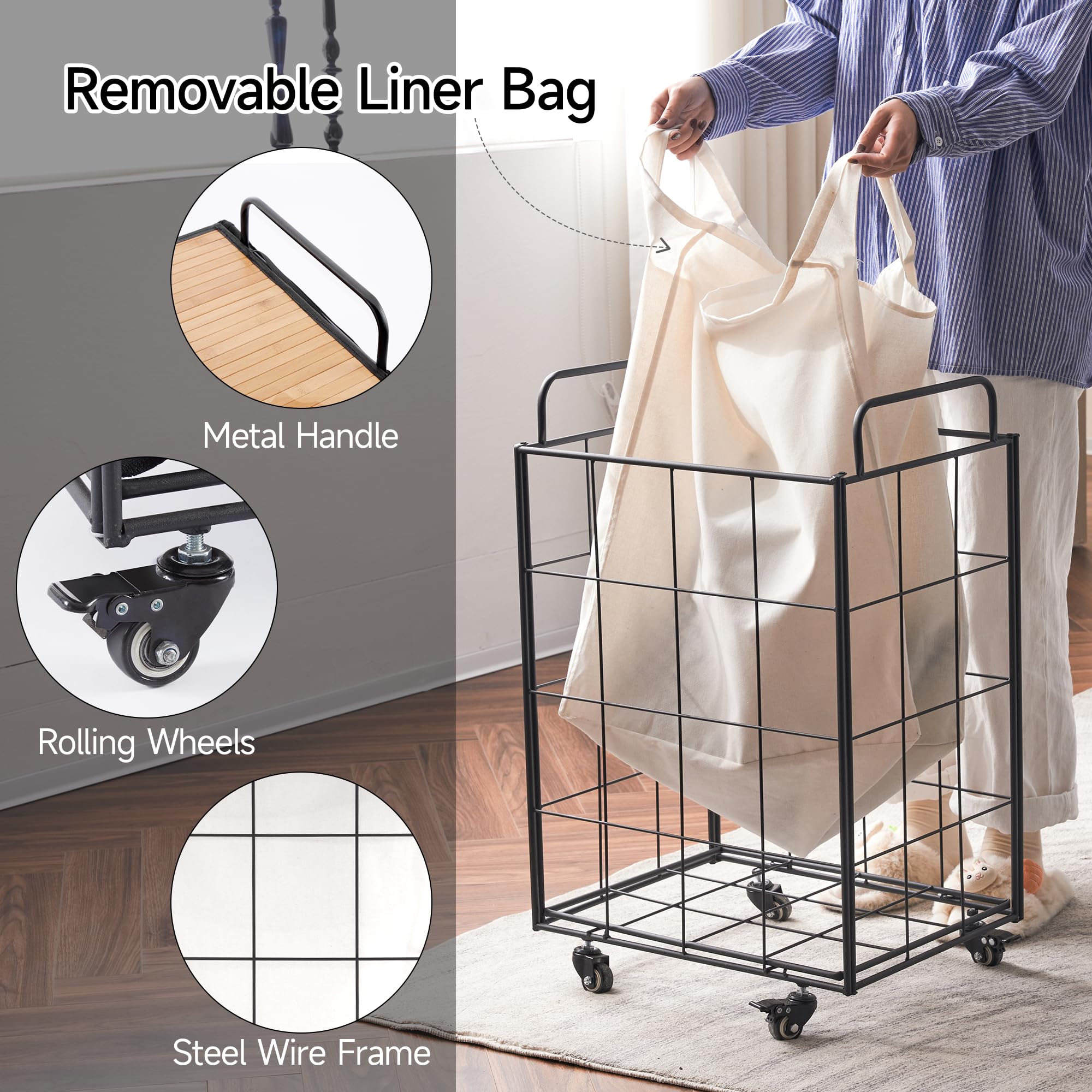 Laundry Hamper with Natural Bamboo Lid, 120L Laundry Basket with Heavy Duty Rolling Wheels, Dirty Clothes Hamper with Removable Liner Bag and Side Pocket, Laundry Sorter with Metal Handle