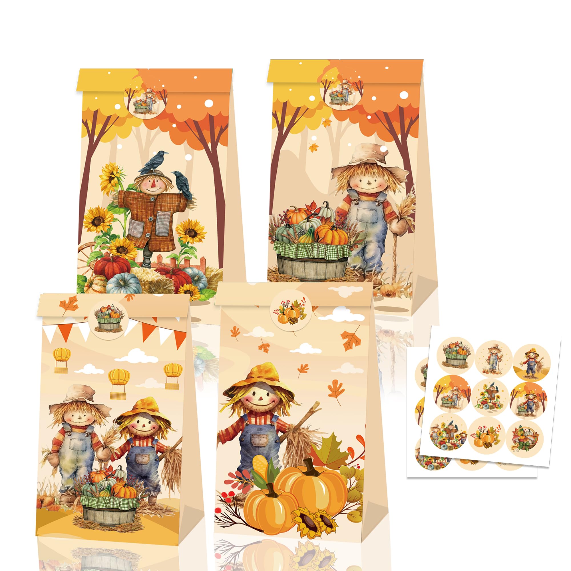 Konsait 12 Pack Fall Gift Bags Thanksgiving Treat Bags, Scarecrow Theme Fall Goodie Bags, Pumpkin Sunflowers Harvest Fall Party Favors Bags, Kraft Thanksgiving Paper Bags Thanksgiving Gift Bags