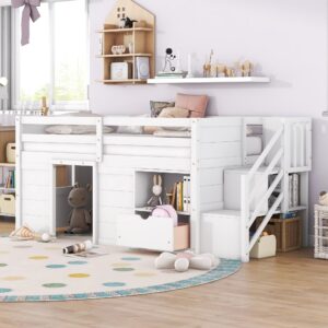 harper & bright designs twin size low loft bed with storage,wood kids loft bed with stairs,loft bed twin with shelf and drawer underneath,space-saving twin bed for girls boys,white