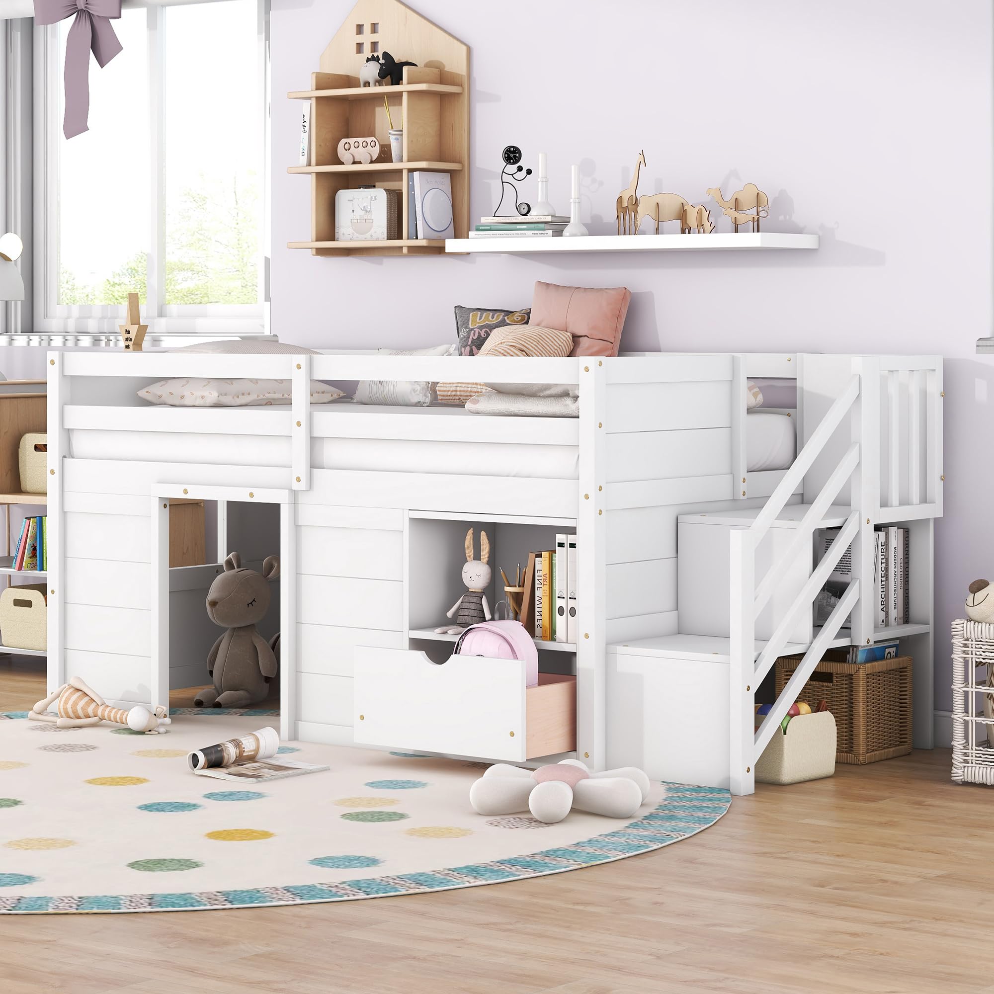 Harper & Bright Designs Twin Size Low Loft Bed with Storage,Wood Kids Loft Bed with Stairs,Loft Bed Twin with Shelf and Drawer Underneath,Space-Saving Twin Bed for Girls Boys,White