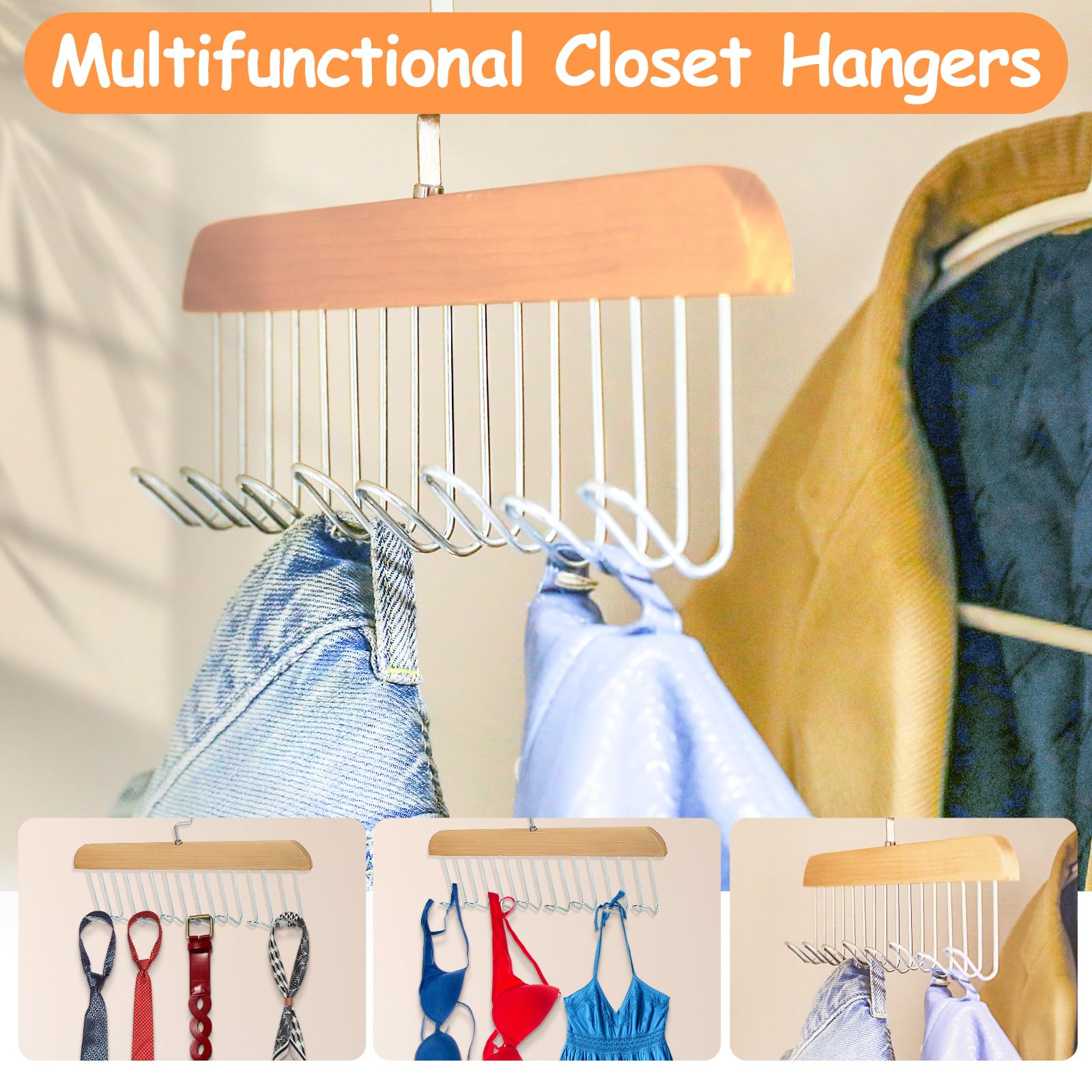 Xbaiyanr 2Pcs Anti Slip Multi Hook Coat Racks,Bra Hangers for Closet Organizer with 8 Hooks 360 °Swivel Belt Hanger for Closet for Belt, Tie, Tank Top, Bra, Scarf (Beige)