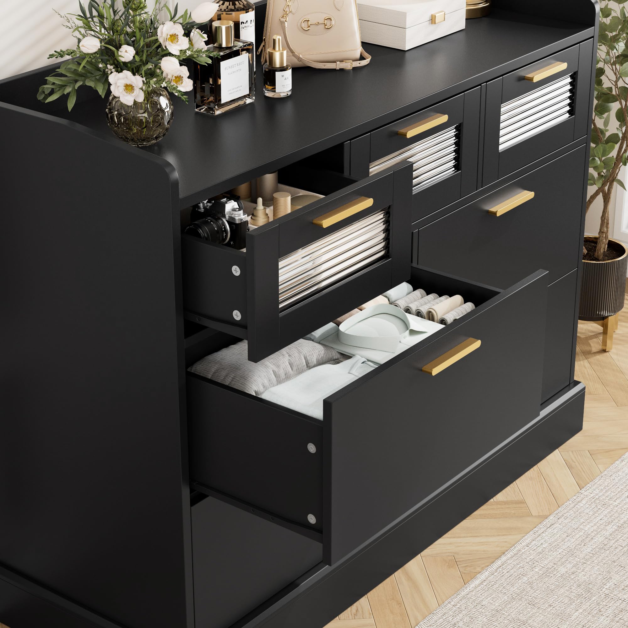 HOSTACK Modern 7 Drawer Dresser, Wide Chest of Drawers with Fence, Wood Storage Organizer with Gold Handle & Fluted Glass, Accent Storage Cabinet for Living Room, Entryway, Black