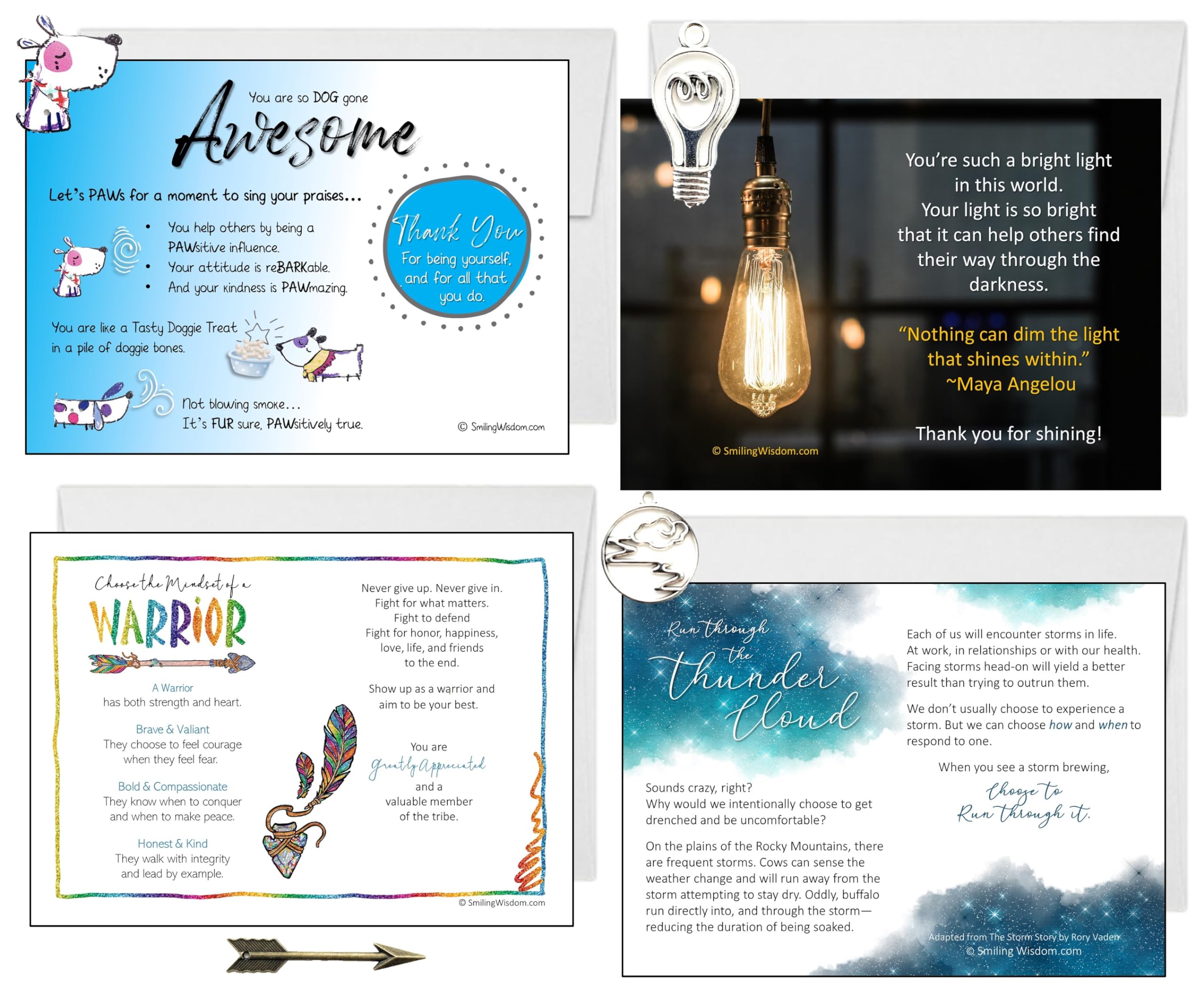 Smiling Wisdom - Bulk 40 Gift Sets - 4 Different Sets of 10 - Quarterly Gifts - Encouraging Praising Employee Volunteer Student Appreciation Cards Envelopes - 120 Pcs - Storm Puppy Warrior Light