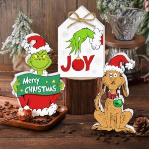 3pcs Christmas Wooden Table Signs, Funny Dog Centerpieces Christmas Tiered Tray Decorations Set for Xmas Holiday Winter Parties Indoor Home JOY Table Top Sign Decor