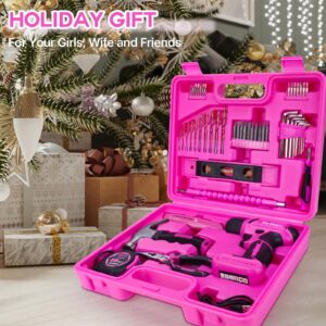 64PCS Pink Tool Set with Cordless Drill, 8V Power Drill and Pink Tool Kit for Women, 3/8"Keyless Chuck Electric Screwdriver Driver Kit for Home DIY and Repair, USB Charger and Storage Box Included