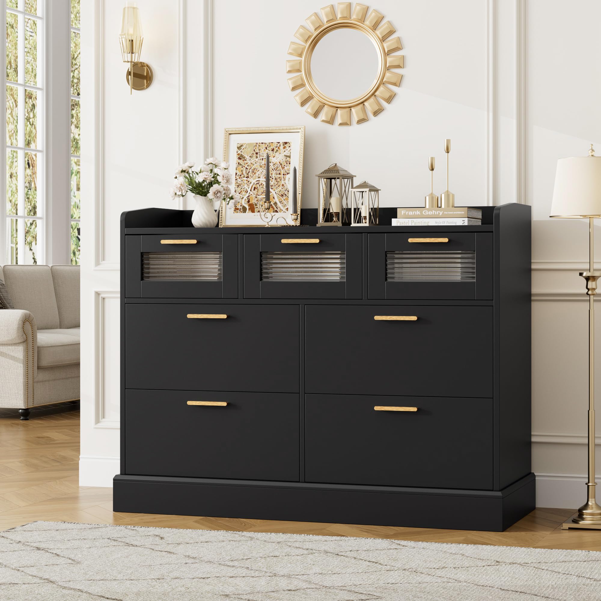 HOSTACK Modern 7 Drawer Dresser, Wide Chest of Drawers with Fence, Wood Storage Organizer with Gold Handle & Fluted Glass, Accent Storage Cabinet for Living Room, Entryway, Black