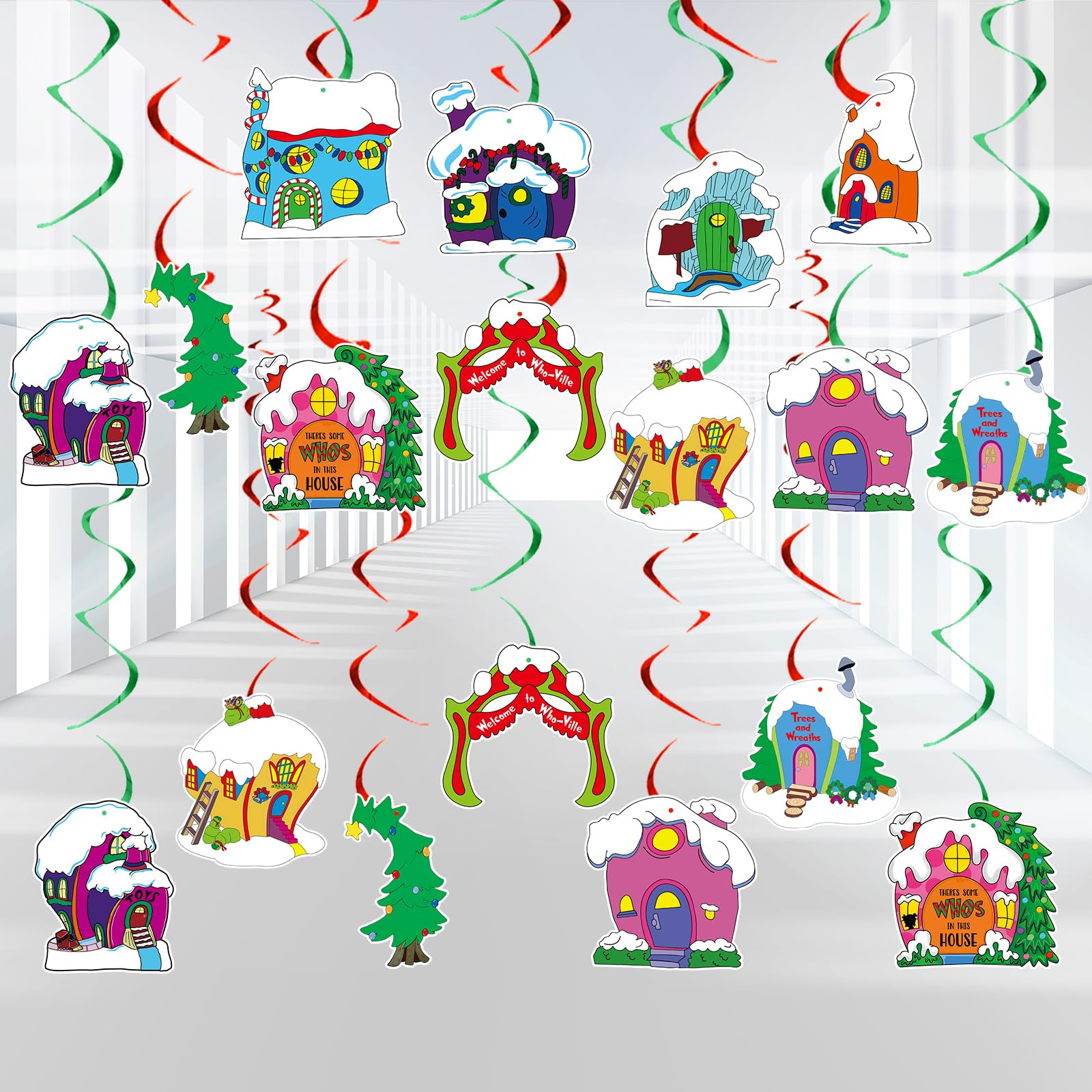 44Pcs Whoville Christmas Decorations Hanging Swirls, Welcome to Whoville Christmas Hanging Decorations for Whoville Decorations, Whoville Christmas Village Swirls, Christmas Party Decorations