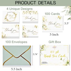 REGAL DECORATIONS Luxury 100 Pack Thank You Cards with Envelopes Bulk, Sage Green And Gold Foil Stamped -5x3.5 Inches. Ideal For Wedding, Blank Thank You Notes, Baby Shower Thank You Cards, Bridal Shower, Small Business, Graduation, Kids, Sympathy