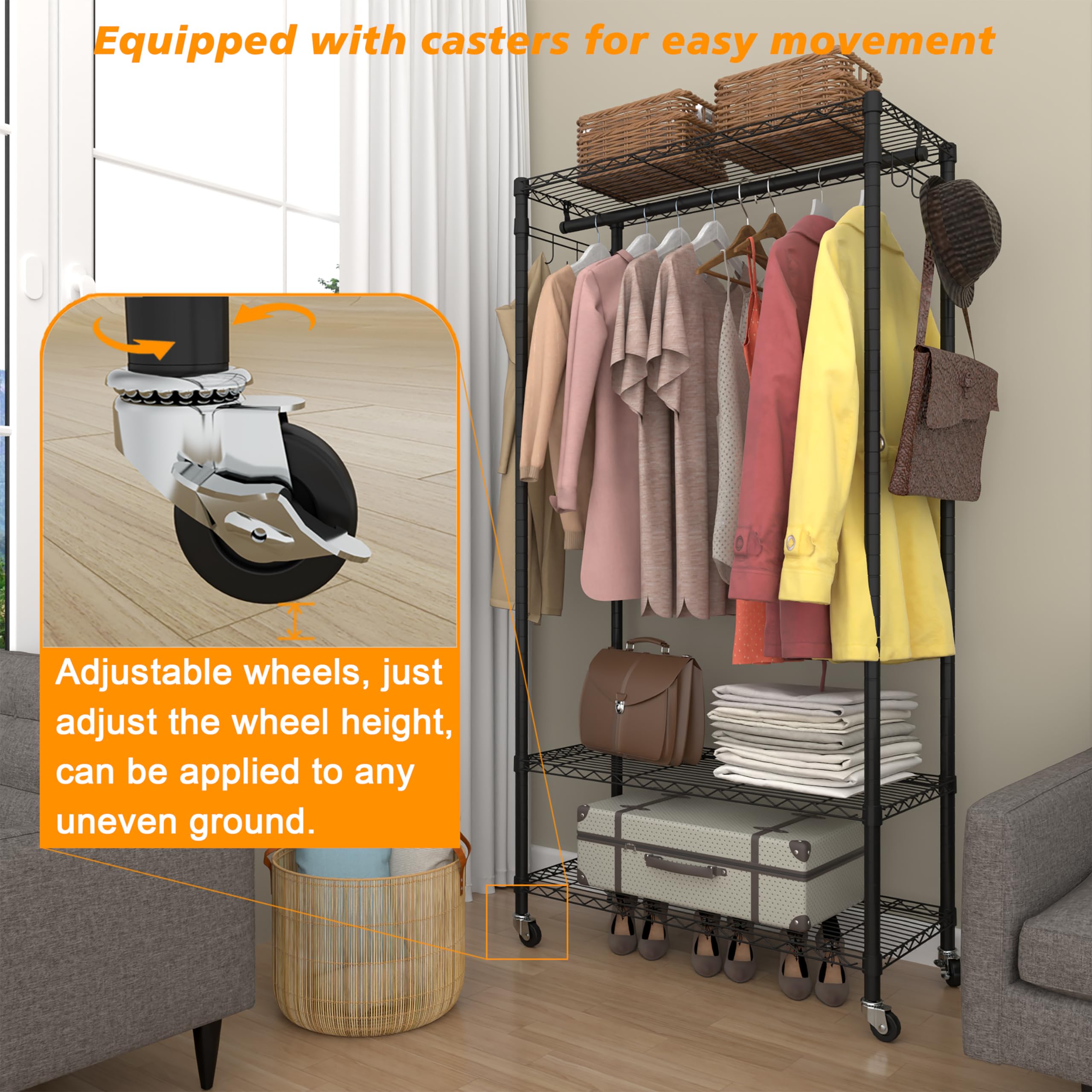 Serxis Rolling Portable Garment Rack,Freestanding Clothes Racks, Portable Closet Wardrobe with 3 Adjustable Wire shelves,2 Side Hooks, Black