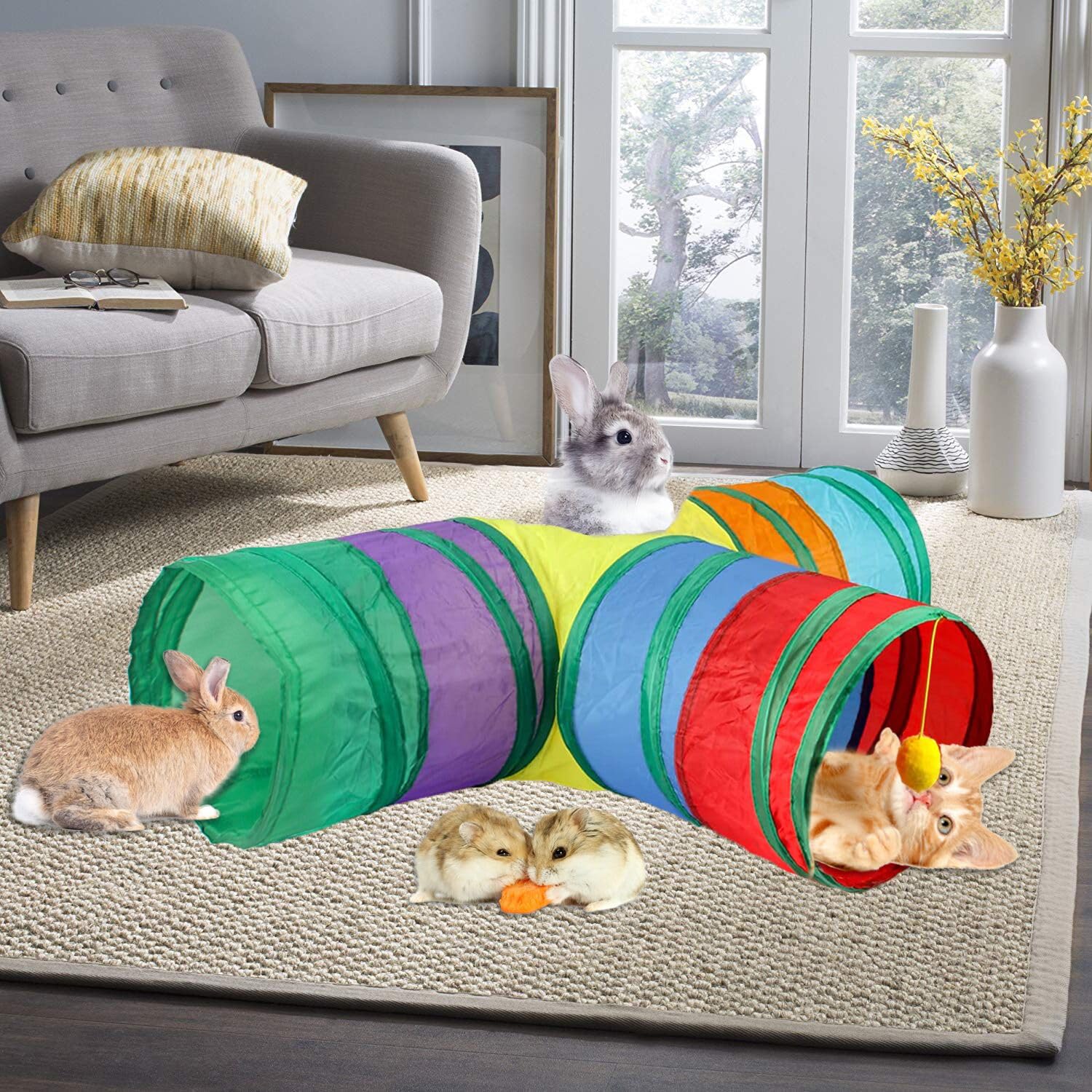 Rabbit Tunnel Collapsible 3 Way Bunny Tunnels and Tubes with Interactive Ball Bunny Hideout Small Animal Activity Tunnel Toys for Dwarf Rabbit Bunny Guinea Pig Kitty