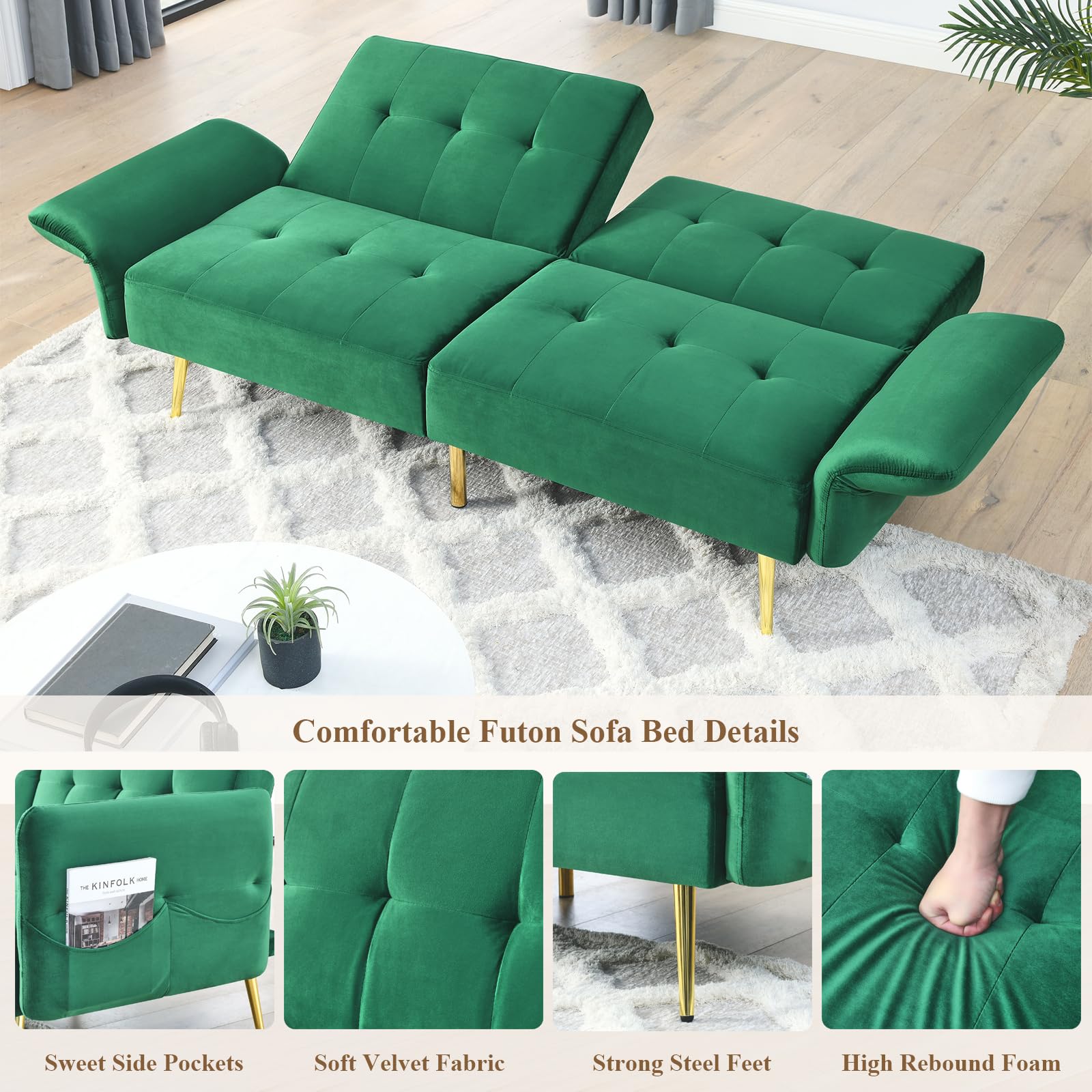 Anwick Velvet Convertible Futon Sofa Bed, Memory Foam Futon Couch Sleeper Sofa, Modern Loveseat Sofa with Adjustable Backrest and Armrests for Home Living Room Office (Green)