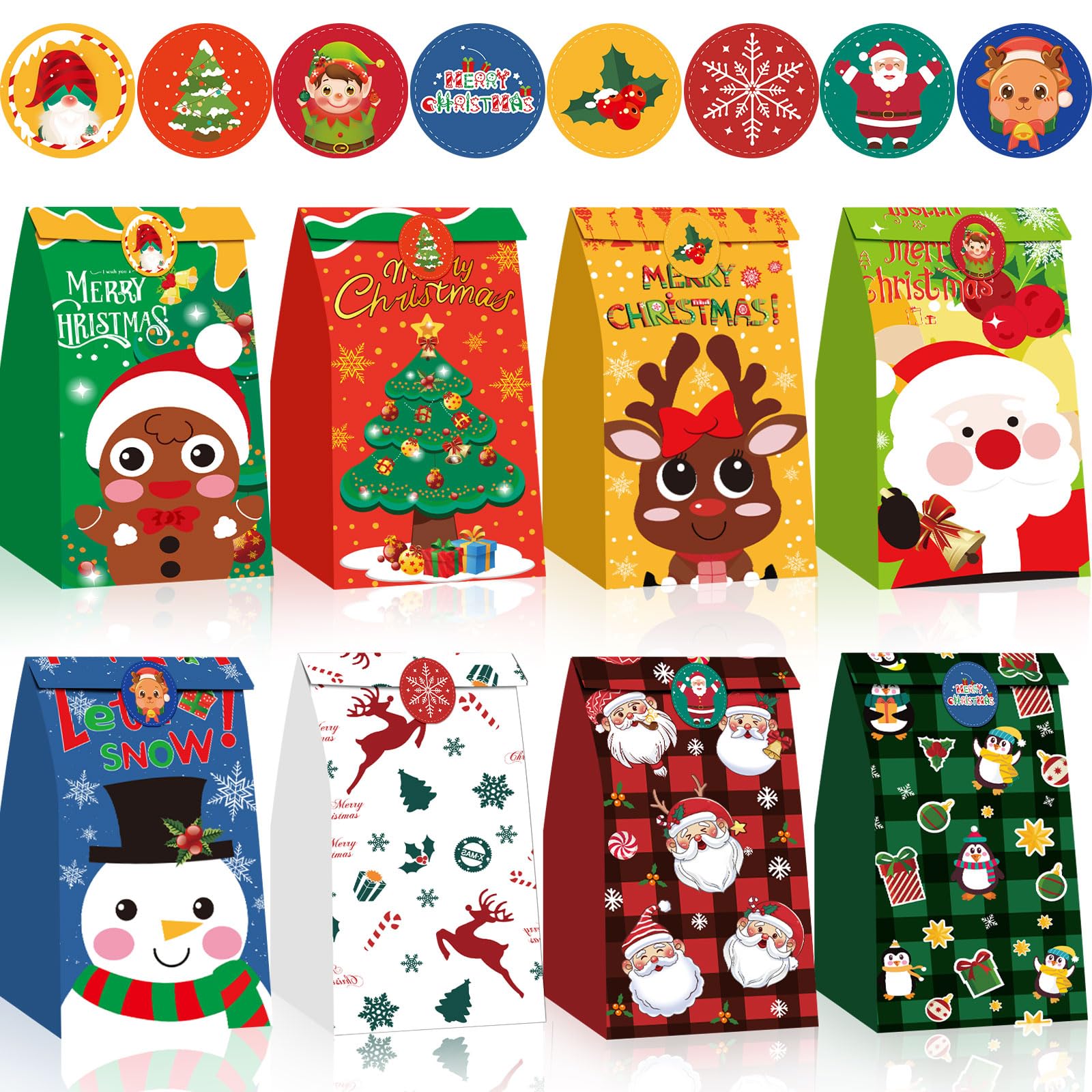 FEBSNOW Christmas Gift Bags 40Pack Christmas Goody bags with Stickers,Christmas Candy Treat Bags for Kids Xmas Cookies Goodies Wrapping Bags Craft Paper Bags for Christmas Party Favors Supplies