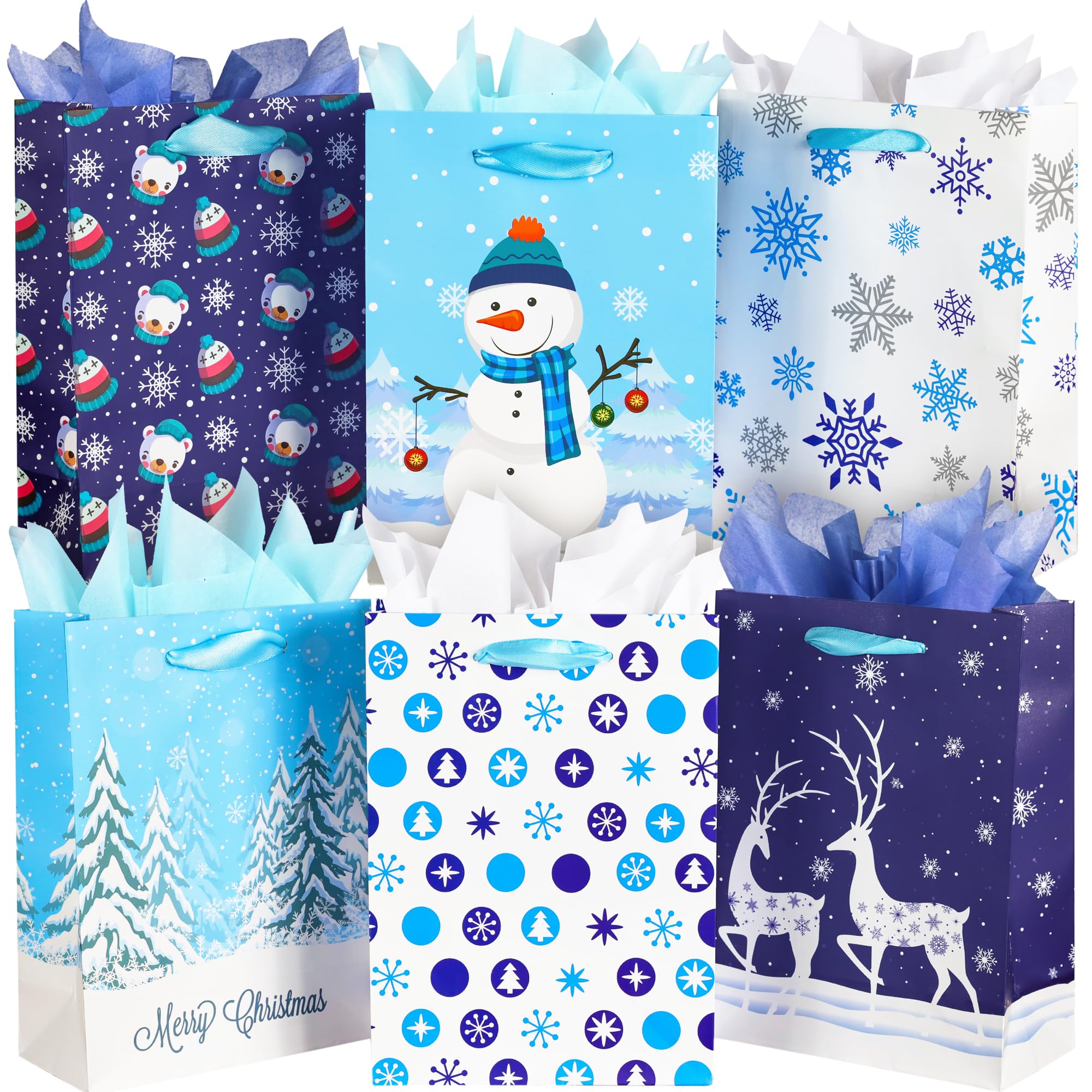 SPERPAND 24 Pack Small Christmas Gift Bags with Tissue Paper, 8.7"x6.3"x3.1", Blue and White Xmas Gift Bags Bulk with Handles for Christmas, Birthday Parties, Gift Wrapping