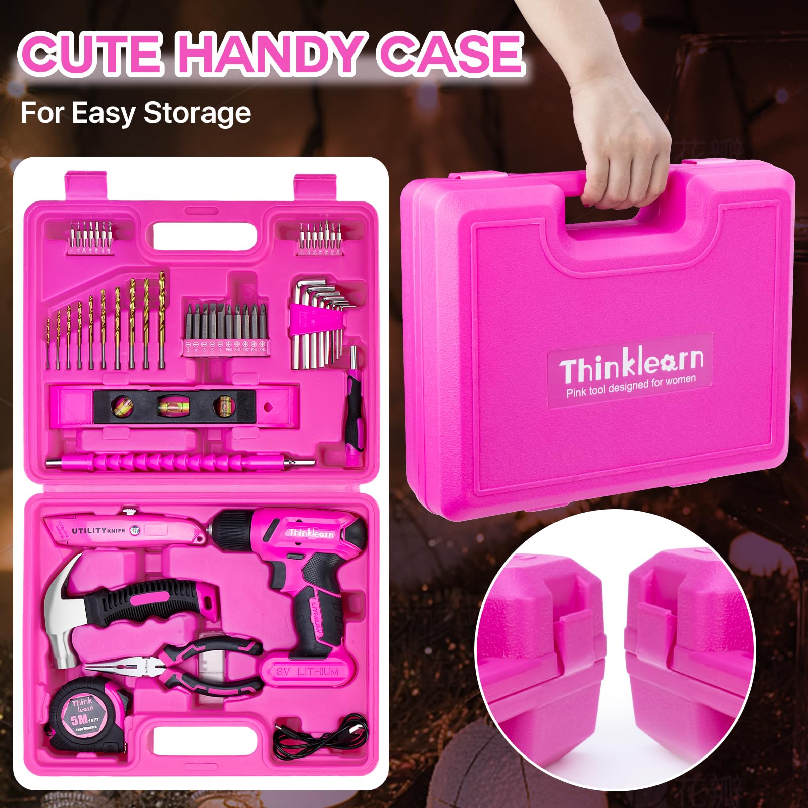 64PCS Pink Tool Set with Cordless Drill, 8V Power Drill and Pink Tool Kit for Women, 3/8"Keyless Chuck Electric Screwdriver Driver Kit for Home DIY and Repair, USB Charger and Storage Box Included