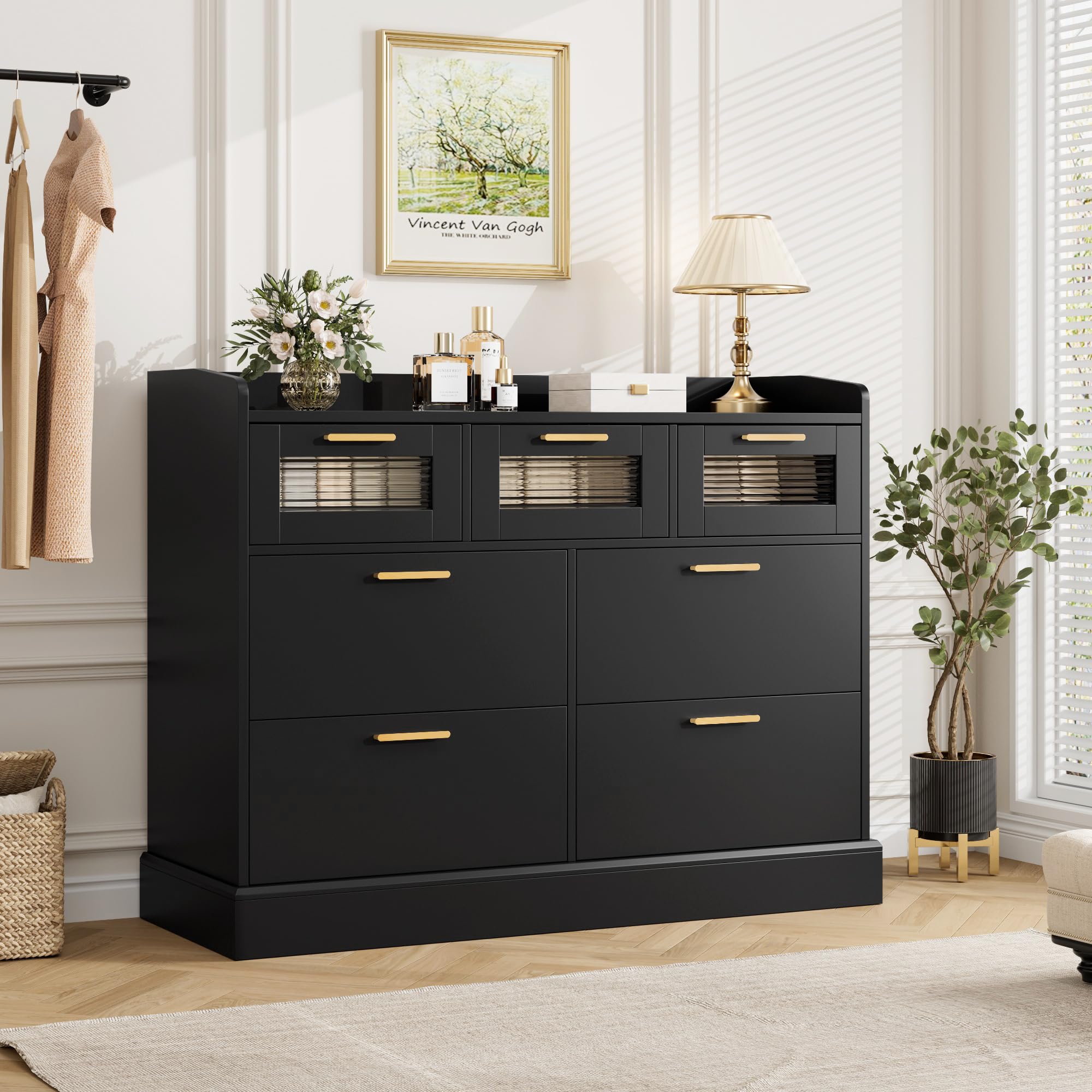 HOSTACK Modern 7 Drawer Dresser, Wide Chest of Drawers with Fence, Wood Storage Organizer with Gold Handle & Fluted Glass, Accent Storage Cabinet for Living Room, Entryway, Black