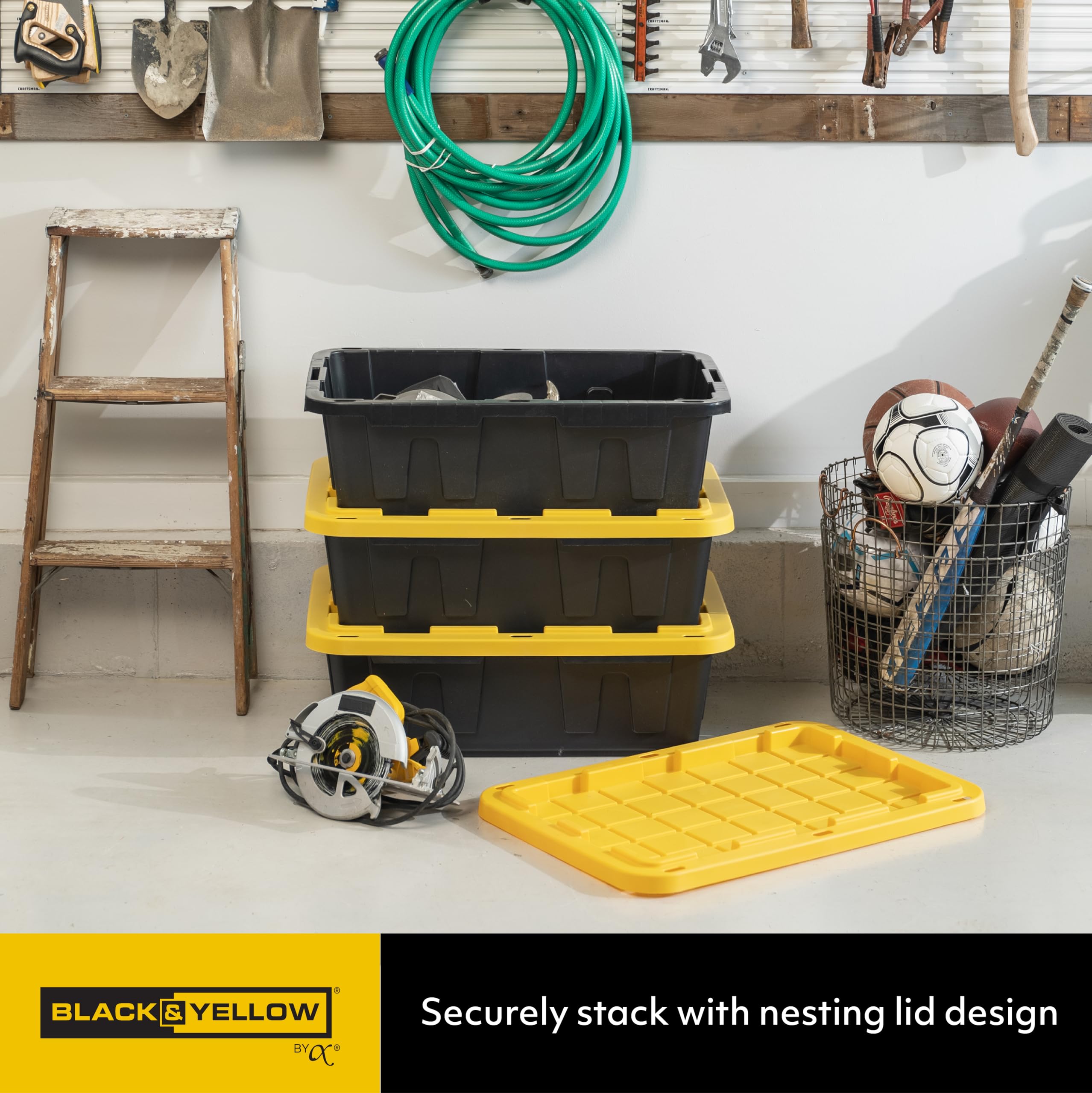 CX BLACK & YELLOW®, 15-Gallon Heavy Duty Tough Storage Container & Snap-Tight Lid, (9.5”H x 20.6”W x 30.6”D), Weather-Resistant Design and Stackable Organization Tote [5 Pack]