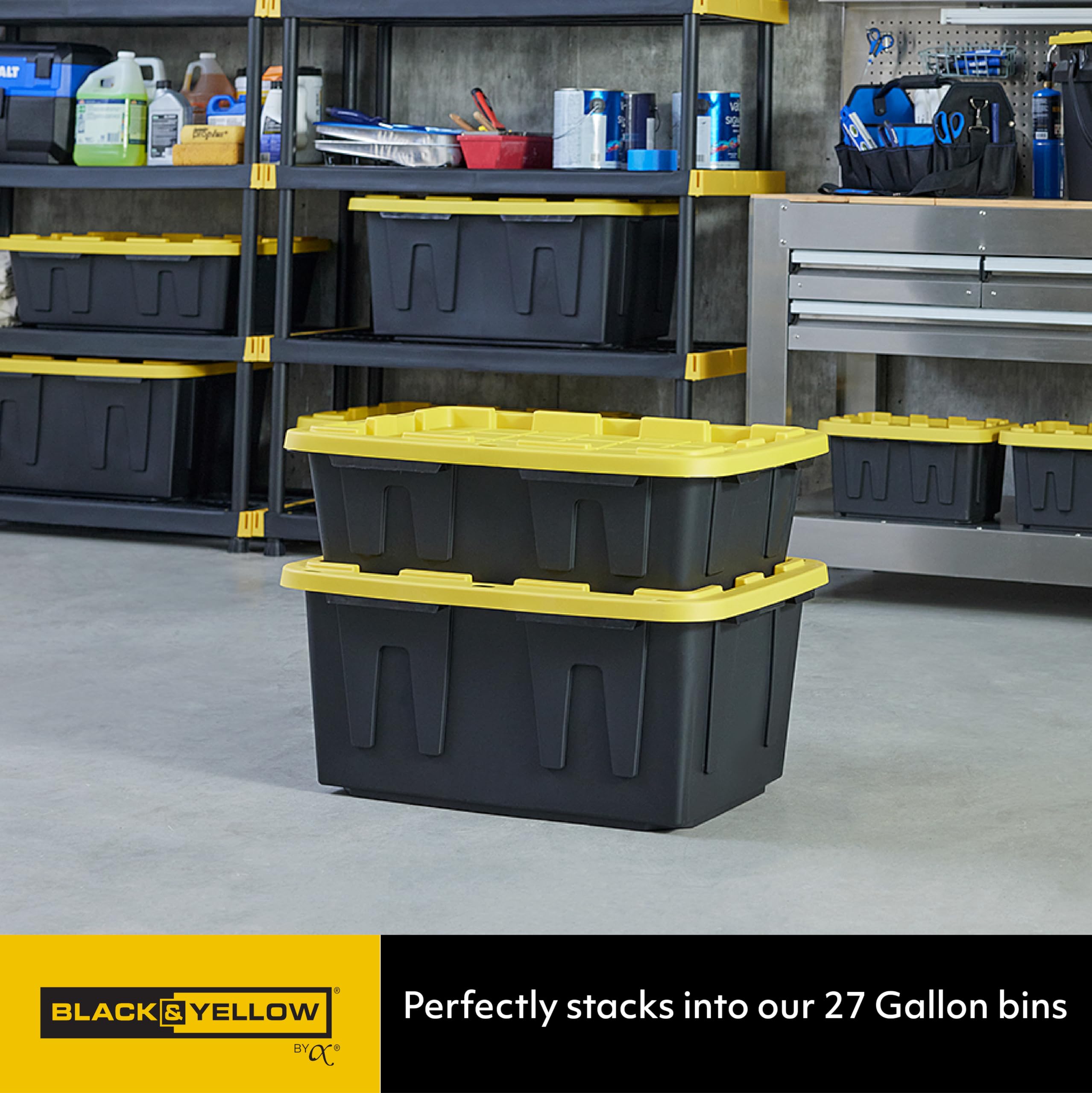 CX BLACK & YELLOW®, 15-Gallon Heavy Duty Tough Storage Container & Snap-Tight Lid, (9.5”H x 20.6”W x 30.6”D), Weather-Resistant Design and Stackable Organization Tote [5 Pack]