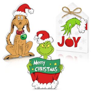 3pcs christmas wooden table signs, funny dog centerpieces christmas tiered tray decorations set for xmas holiday winter parties indoor home joy table top sign decor