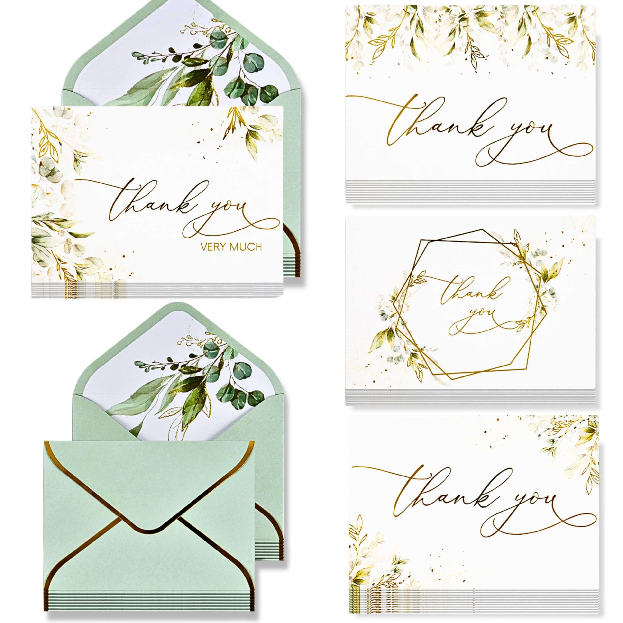 REGAL DECORATIONS Luxury 100 Pack Thank You Cards with Envelopes Bulk, Sage Green And Gold Foil Stamped -5x3.5 Inches. Ideal For Wedding, Blank Thank You Notes, Baby Shower Thank You Cards, Bridal Shower, Small Business, Graduation, Kids, Sympathy